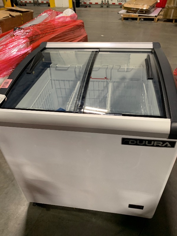Photo 1 of ** USED / TESTED / FUNCTIONAL ** Duura Commercial Mobile Ice Cream Display Chest Freezer Sub Zero Temp Curved Glass Top Frost Free Lid with 5 Wire Baskets, 47.4 Inch Wide 12.8 Cubic Feet, White