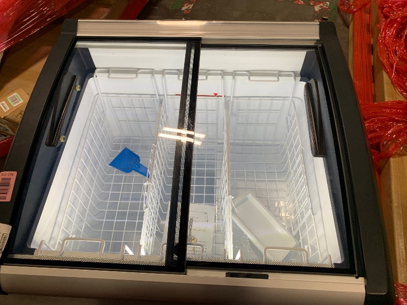 Photo 1 of ** USED / TESTED / FUNCTIONAL ** Duura Commercial Mobile Ice Cream Display Chest Freezer Sub Zero Temp Curved Glass Top Frost Free Lid with 5 Wire Baskets, 47.4 Inch Wide 12.8 Cubic Feet, White