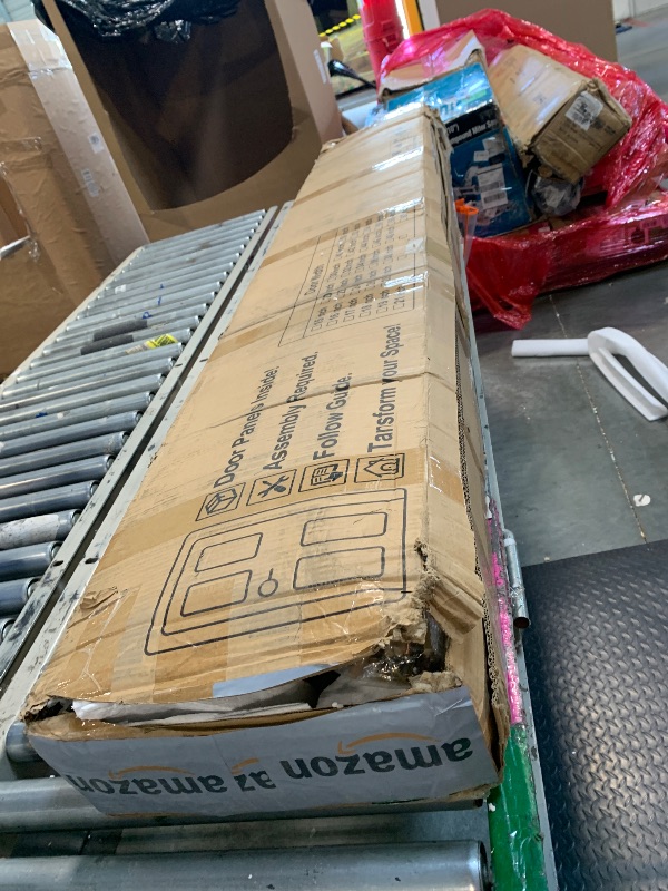 Photo 1 of ** NEW ** ALAMEDADT 28'' x 84'' Glass Barn Door and 5 Ft Hardware Kit Included, MDF White Barn Door Slab with Frosted Glass, PVC Surface, Combined with Handle and Floor Guide-Assembly Required, White