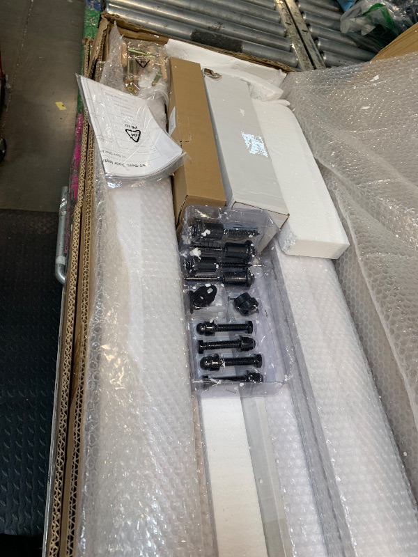 Photo 1 of ** NEW ** ALAMEDADT 28'' x 84'' Glass Barn Door and 5 Ft Hardware Kit Included, MDF White Barn Door Slab with Frosted Glass, PVC Surface, Combined with Handle and Floor Guide-Assembly Required, White