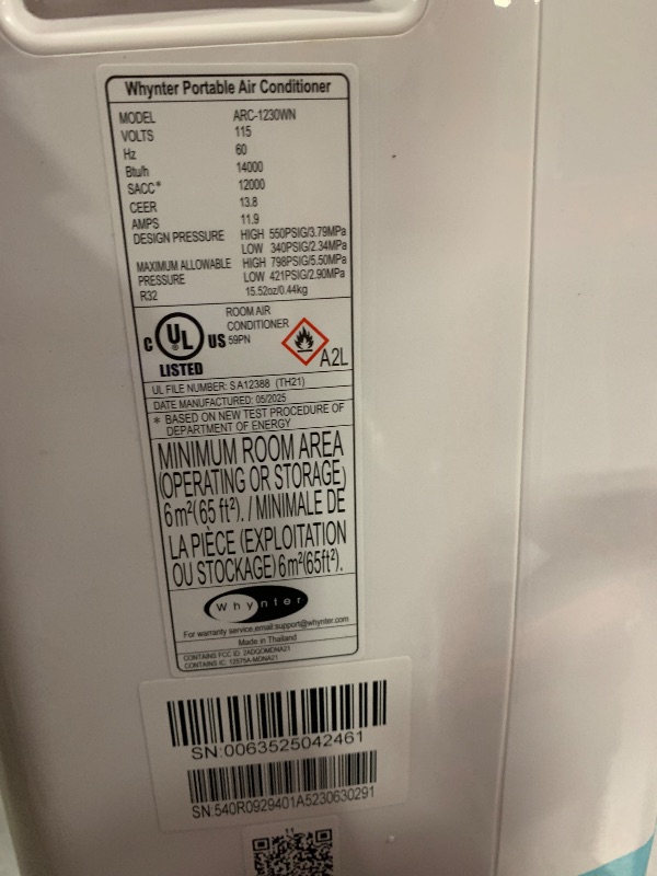 Photo 1 of ** USED / TESTED FUNCTIONAL/ NO Whynter ARC-1230WN 14,000 BTU (12,000 BTU SACC) NEX Inverter Dual Hose Cooling Portable Air Conditioner, Dehumidifier, and Fan with Smart Wi-Fi, Up to 600 sq ft in White