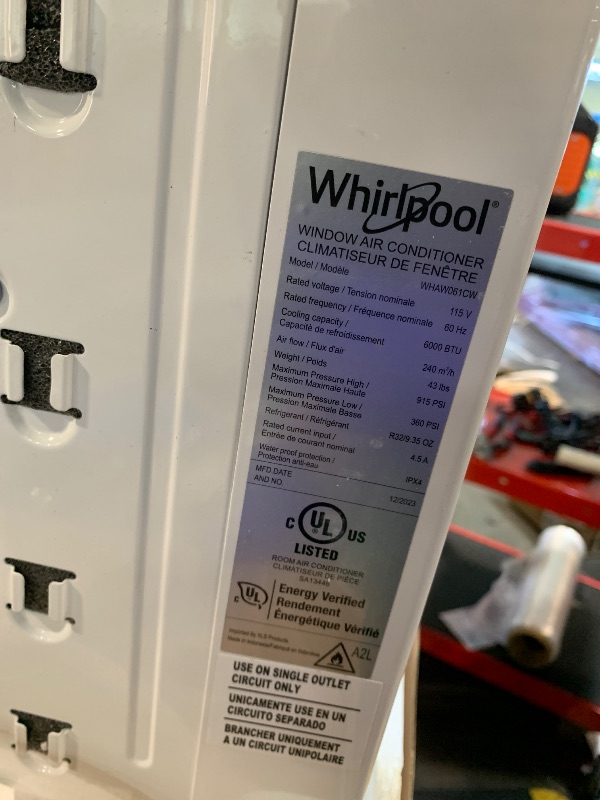 Photo 1 of ** VERY USED / TESTED FUNCTIONAL ** Whirlpool 6,000 BTU Window Air Conditioner with Dehumidifier, 115V, Window AC for Rooms up to 250 Sq. Ft., Living Room, Bedroom, or Kitchen, with Remote Control, Digital Display, and 24H-Timer, White