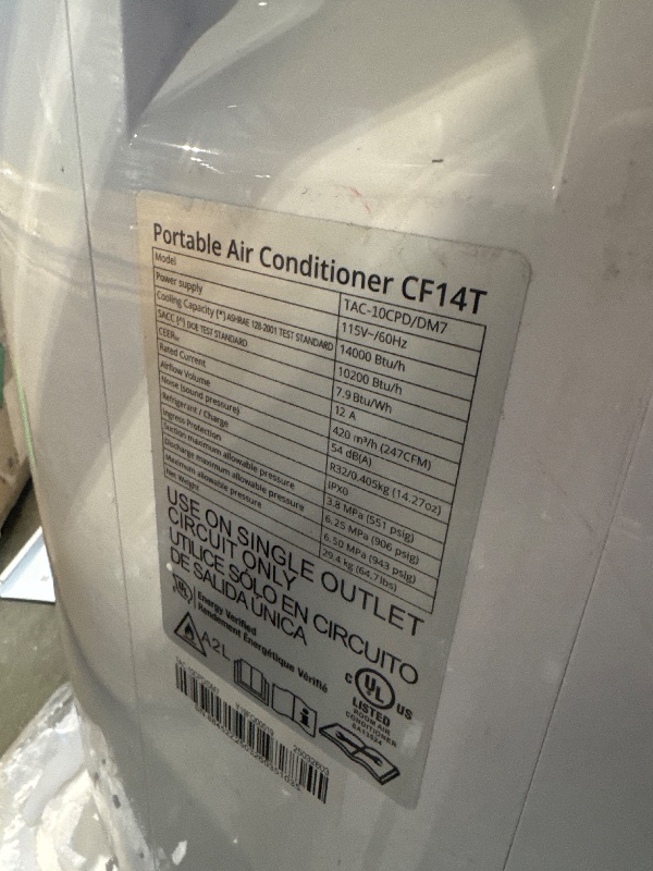 Photo 1 of ** VERY USED/ DAMAGE MINOR / TESTED FUNCTIONAL ** 14000 BTU Portable Air Conditioner Cools up to 750 Sq.Ft, 3 in-1 Quiet Portable AC Unit with Remote Control & Installation Kits for Large Room, 3 Speed, Auto Swing, 24H Timer