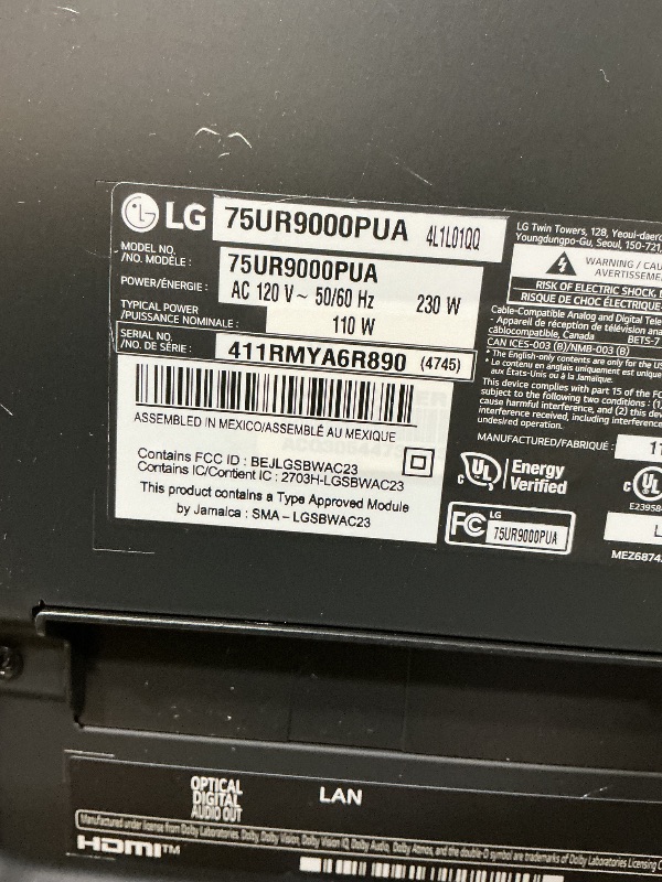 Photo 1 of ***SEE CLERK COMMENTS*** LG 75-Inch Class UR9000 Series Alexa Built-in 4K Smart TV (3840 x 2160),Bluetooth, Wi-Fi, USB, Ethernet, HDMI 60Hz Refresh Rate, AI-Powered 4K,Black