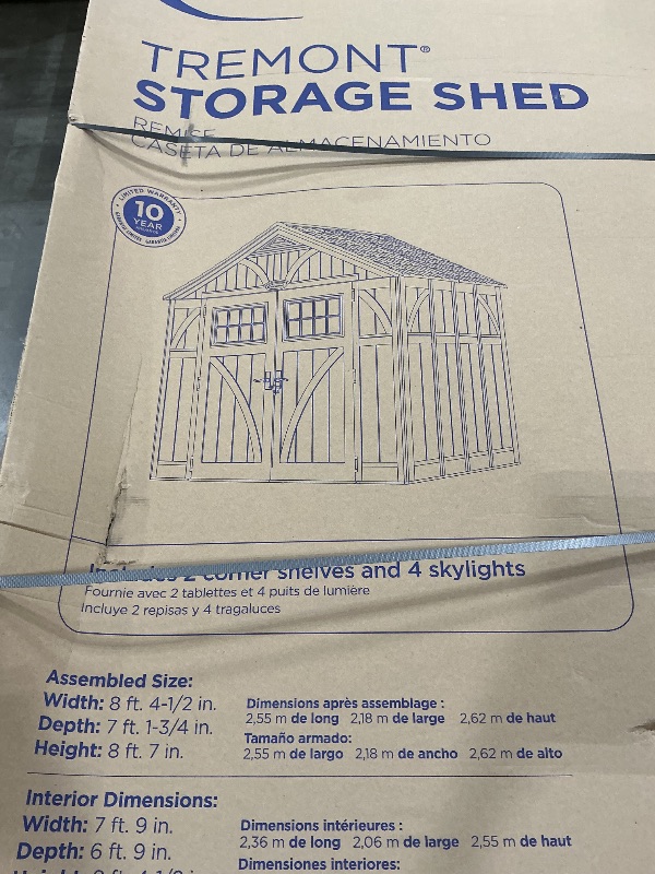 Photo 1 of ***SEE CLERK COMMENTS*** Suncast 8' x 7' Heavy-Duty Resin Tremont Storage Shed with Reinforced Floor, Skylights for Natural Light, Lockable Double Doors, Cream, Made in the USA