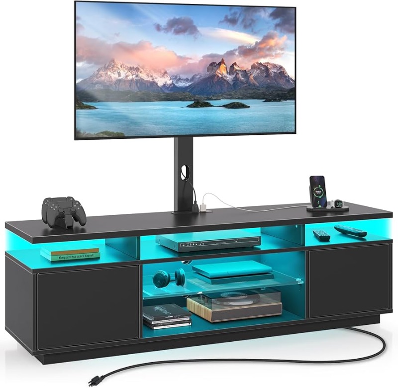 Photo 1 of ***SEE CLER COMMENTS*** Rolanstar TV Stand with Mount and Power Outlet 51.2", Swivel TV Stand Mount for 32/45/55/60/65/70 inch TVs, Height Adjustable Modern Entertainment Center with Storage & LED Lights, TV Table Black