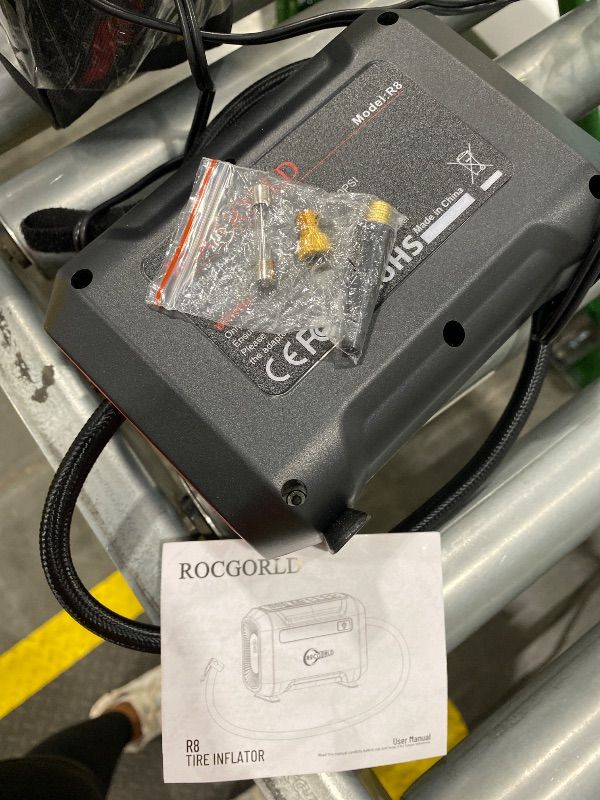 Photo 1 of *Missing Parts - Check clerk notes*
ROCGORLD R8 Tire Inflator Portable Air Compressor, DC 12V Air Compressor Portable with Large Dual Digital Screen, 3X Faster Inflation Air Pump for Car, Bike, Ball, Motor