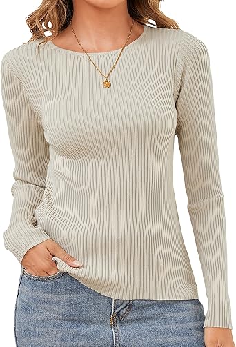 Photo 1 of ****RENTAIL PRICE 14.99***** Womens Sweaters Pullover Long Sleeve Crewneck Shirts Ribbed Knit Sweater Slim Fitted CasualJumper Tops Large Beige