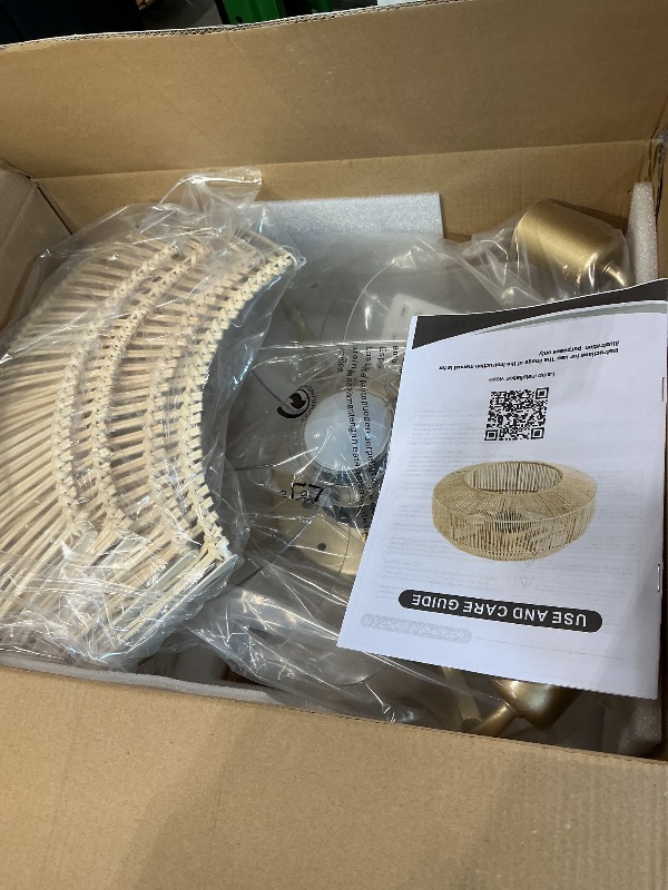 Photo 1 of 20'' Boho Rattan Ceiling Fan with Light, Coastal Caged Ceiling Fans with Lights and Remote Control, Enclosed Hidden Flush Mount with Reversible 6 Speeds for Living Room Bedroom Nursery