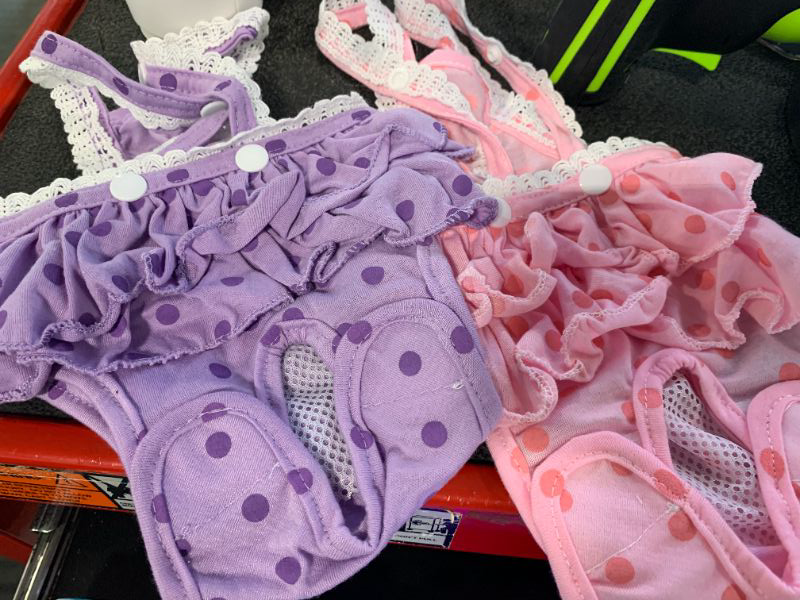 Photo 1 of 2 Pieces Washable Female Diapers with Suspender Comfort Reusable Doggy Diapers Reusable Puppy Sanitary Panties Dog Underwear Diaper for Small Girl Dogs in Period Heat (Pink&Purple,S)