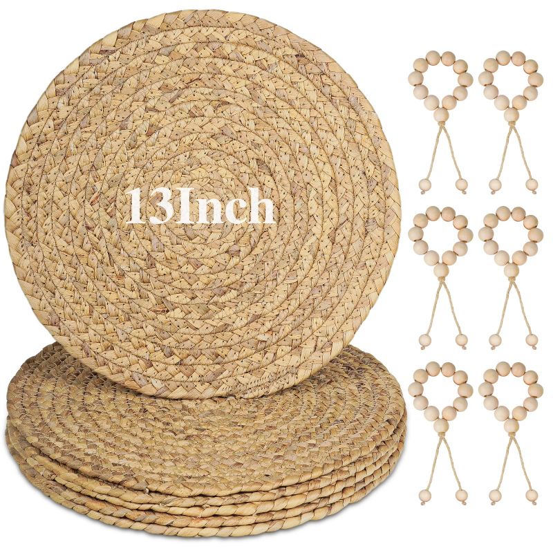 Photo 1 of 13” Woven Round Placemats Set of 6, Natural Water Hyacinth Braided Table Mats with 6 Wood Bead Napkin Rings, Washable Boho Farmhouse Rattan Place Mats for Home, Outdoor, Table Decor, Dinning, Wedding