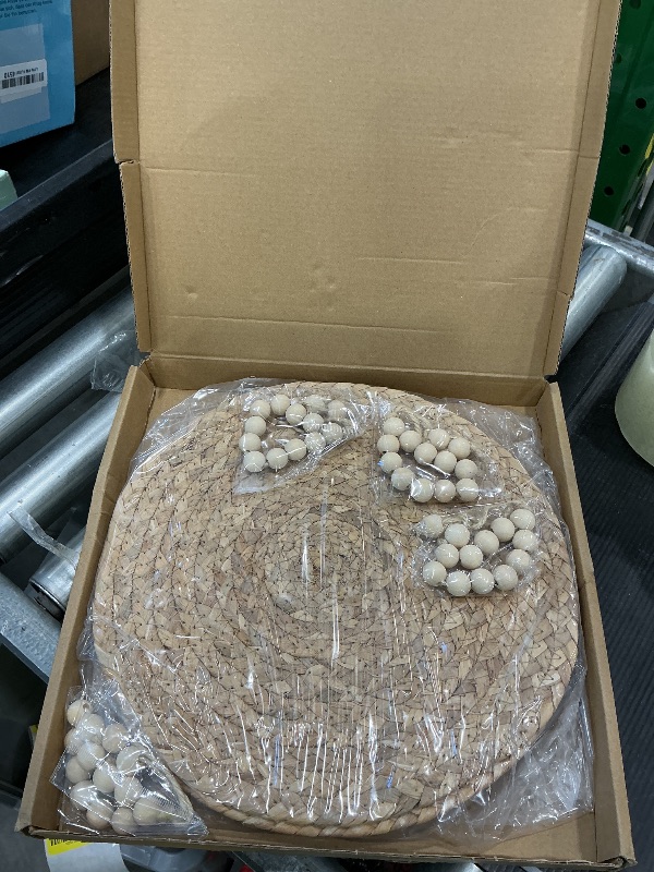 Photo 1 of 13” Woven Round Placemats Set of 6, Natural Water Hyacinth Braided Table Mats with 6 Wood Bead Napkin Rings, Washable Boho Farmhouse Rattan Place Mats for Home, Outdoor, Table Decor, Dinning, Wedding