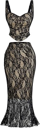 Photo 1 of 
SOLY HUX Women's Floral Lace Skirt Set 2 Piece Sleeveless Top and Bodycon Fishtail Skirts Summer Coquette Outfits*Black and Apricot*****small