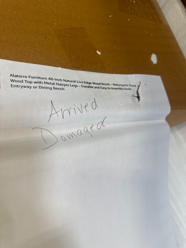 Photo 1 of **DAMAGE**Alaterre Furniture 48” Live Edge Dining Bench – Rustic Industrial Farmhouse Solid Acacia Wood with Metal Hairpin Legs – Ideal for Dining Room, Kitchen, or Entryway