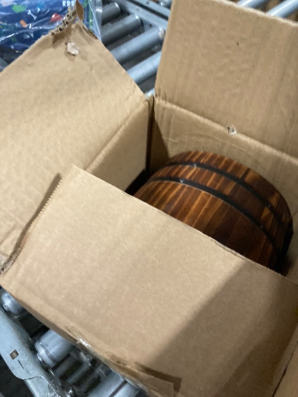 Photo 1 of **VERY USED**MyGift Wine Barrel Design Kitchen Utensil Crock, Vintage Rustic Burnt Wood Cooking Tool Holder