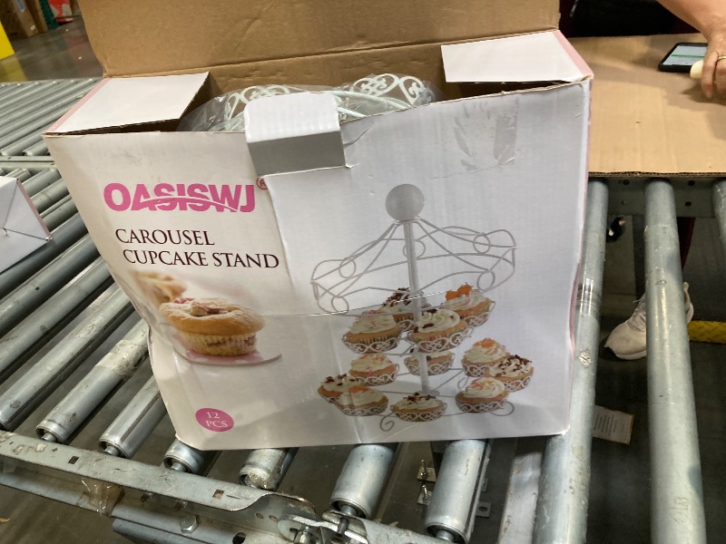 Photo 1 of ASkinds Carousel Cupcake Stand Dessert Serving Tray, 12-Cups Iron Cake Display Rack Cupcake Stand for Carnival and Circus Theme Party Wedding Party Furnishing Accessories (White)