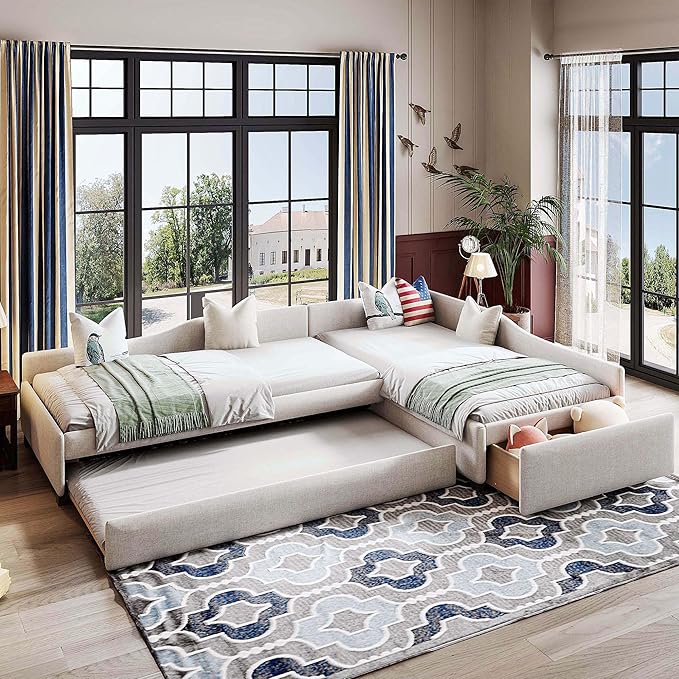 Photo 1 of **BOX 2 OF 3 ** Merax Double Twin Size Daybed with Trundle and Storage Drawer, L Shaped Corner Bed with Wood Slats Support, Upholstered Sofabed for Bedroom Living Room,3 Beds in One Design, No Box Spring Needed