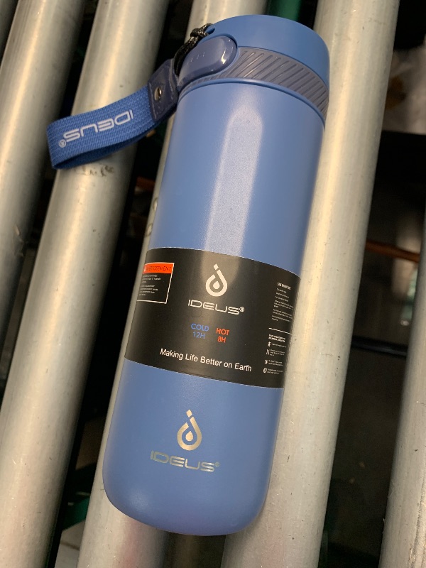 Photo 1 of (USED/FAIR) IDEUS Insulated Stainless Steel Water Bottle 17 oz Push Button Lid & Leakproof Travel Mug for Hot/Cold Beverages Fits Most Cup Holder (Grey Blue)