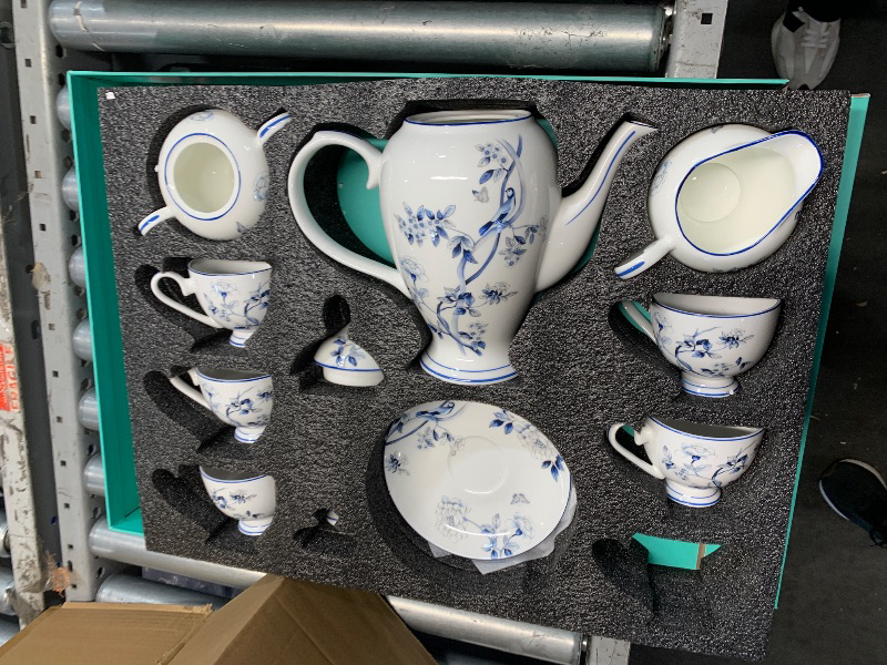 Photo 1 of (please see all images)(used)(incomplete) GOMMO Tea Set Elegant Fine Bone China Serving 6 People Blue Peacock Design 37oz