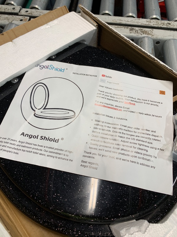 Photo 1 of (see images) Angol Shiold Black Round Resin Toilet Seat Soft Close Quick Release Metal Zinc Alloy Hinge Easy to Install also Easy to Clean, Decorative Acrylic Seats (17 Inch, Black Starlight Glitter)
