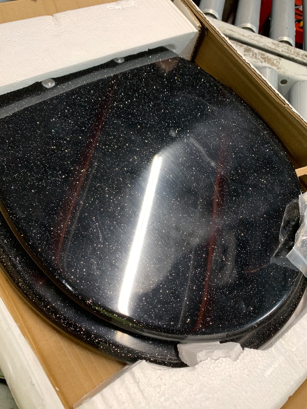 Photo 1 of (see images) Angol Shiold Black Round Resin Toilet Seat Soft Close Quick Release Metal Zinc Alloy Hinge Easy to Install also Easy to Clean, Decorative Acrylic Seats (17 Inch, Black Starlight Glitter)