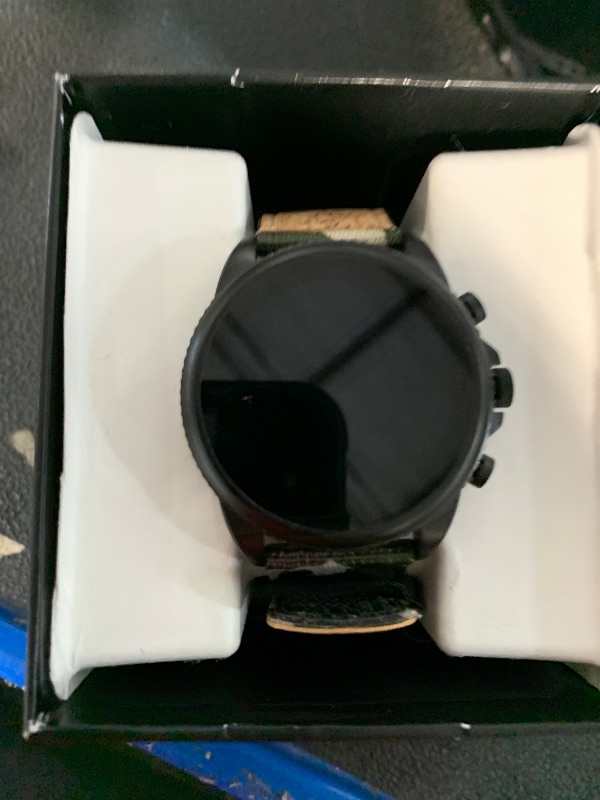 Photo 1 of ***(PARTS ONLY/ LOCKED/ NON FUNCTIONAL)***Fossil Men's Gen 6 44mm Stainless Steel and Cork Touchscreen Smart Watch, Stainless steel, Color: Black, Camo (Model: FTW4063V) ***(PARTS ONLY/ LOCKED/ NON FUNCTIONAL)***