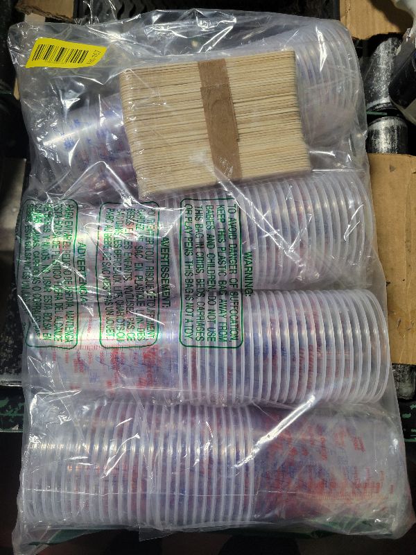 Photo 1 of 100 Pack Plastic Mixing Cups, 20 oz (600ml), Disposable Measuring Cups with 50 Wooden Mixing Sticks, Measurement ratios: 2:1, 3:1, 4:1, Suitable for Epoxy Resin, Liquid Measuring, and Paint