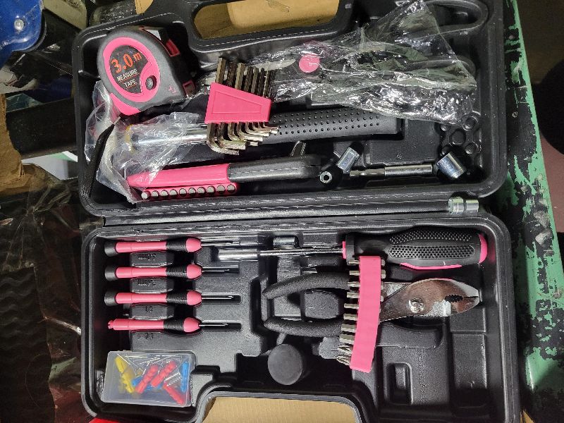Photo 1 of 132 Piece Pink Household Tool Set General Household Hand Tool Kit with Plastic Toolbox Storage Case, All Purpose Small Tool Set Great for Home, Garage, Office and College Dormitory Use