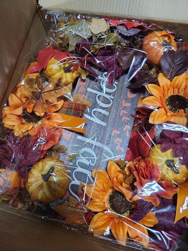 Photo 1 of 20 Inch Artificial Fall Wreaths for Home Front Door Rustic Autumn Wreath with Pumpkin, Sunflower, Mixed Leaves, Happy Fall Sign, Large Wreath for Halloween Thanksgiving Indoor Outdoor Decorations