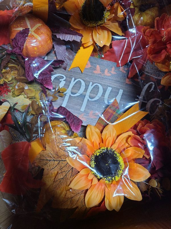 Photo 1 of 20 Inch Artificial Fall Wreaths for Home Front Door Rustic Autumn Wreath with Pumpkin, Sunflower, Mixed Leaves, Happy Fall Sign, Large Wreath for Halloween Thanksgiving Indoor Outdoor Decorations
