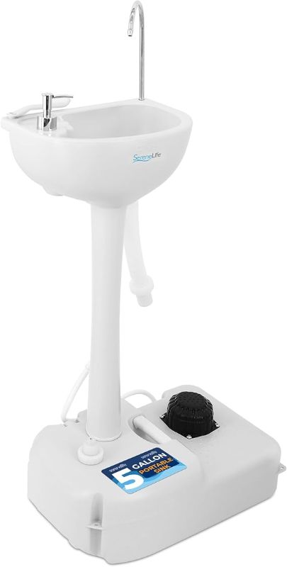 Photo 1 of **MSRP 79.99** SereneLife Portable Camping Sink with 19L (5+ Gallon) Water Tank, Hands-Free Foot Pump, Soap Dispenser & Towel Holder, Compact Design with Carry Handle – Perfect for Camping, Worksites, Outdoors
