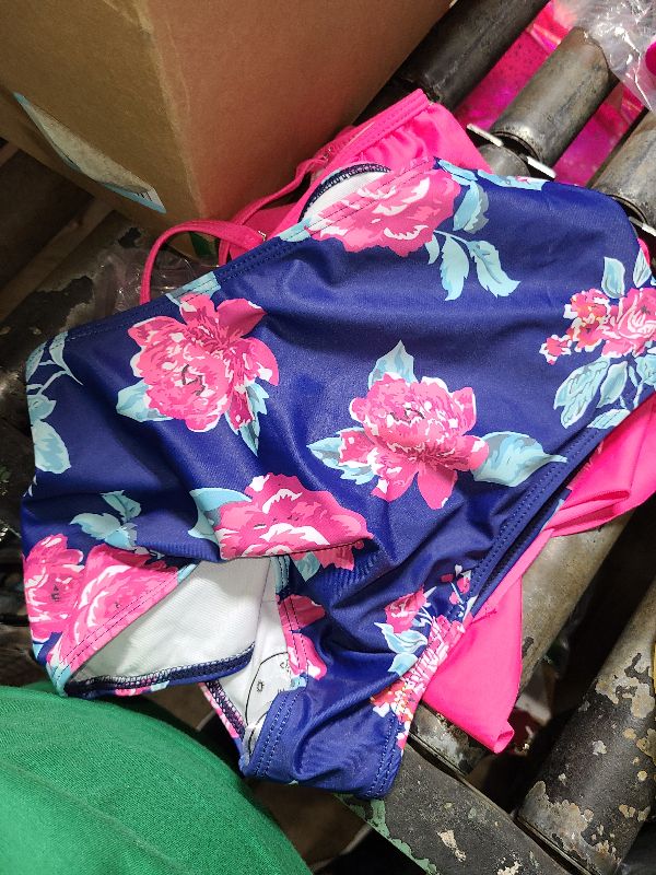 Photo 1 of 2 pc Ladies Ruffled Pink Floral navy blue Swim Suit top bottom L