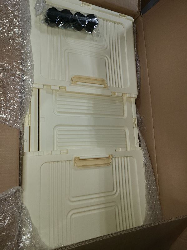 Photo 1 of **MSRP 64.99** Storage Bins with Lid, 36 Gal Extra Large Collapsible Storage Bins, 3Packs Stackable Storage Bins with Wheels,Closet Organizers and Storage, Double Door Stackable Storage Bins for Home, Office, Dorm Creme