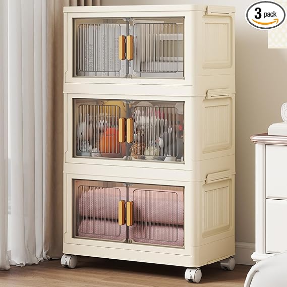 Photo 1 of **MSRP 64.99** Storage Bins with Lid, 36 Gal Extra Large Collapsible Storage Bins, 3Packs Stackable Storage Bins with Wheels,Closet Organizers and Storage, Double Door Stackable Storage Bins for Home, Office, Dorm Creme