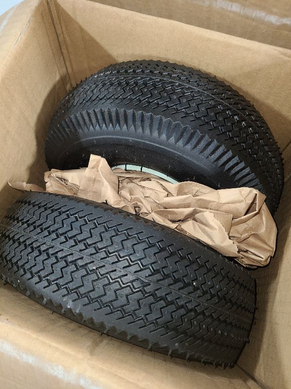 Photo 1 of 105-3471 Front Wheel and Tire Assembly Replacement for Toro 105-3471 - Compatible with TimeCutter & Exmark Quest Z-Turn Mowers 4.10x3.50-4 Tire, 3/4" ID Axle 4-1/4" Hub Length Grease Zerk - 2 Pack