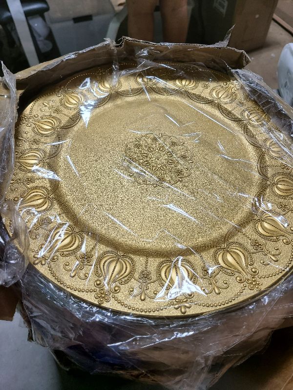 Photo 1 of 100 Pcs Gold Charger Plates, 13 Inch Plates Bulk, Plastic Reef Plate Chargers, Matte Chargers for Dinner Plates Round Decorative Dishes, for Wedding Party Holiday Event Supplies(Embossed Rim) 