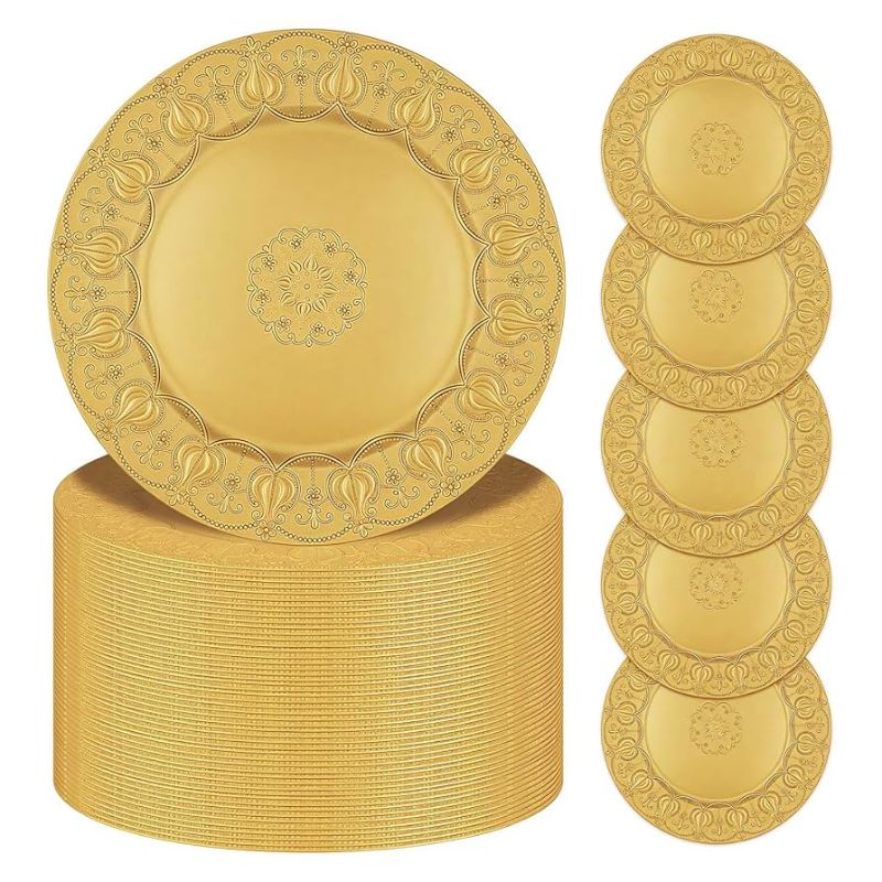 Photo 1 of 100 Pcs Gold Charger Plates, 13 Inch Plates Bulk, Plastic Reef Plate Chargers, Matte Chargers for Dinner Plates Round Decorative Dishes, for Wedding Party Holiday Event Supplies(Embossed Rim) 