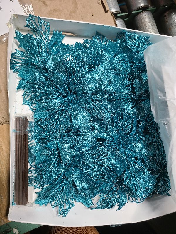 Photo 1 of 24 Pcs Christmas Teal Blue Glittered Mesh Holly Leaf Artificial Poinsettia Flowers Picks Tree Ornaments 5.9" W for Teal Blue Christmas Tree Wreath Garland Floral Gift Winter Wedding Holiday Decoration