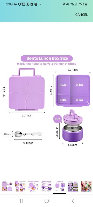 Photo 1 of 
4.2
4.2 out of 5 stars
(144)
Bento Lunch Box for Kids with 8oz Soup Thermo,Kids Leakproof Lunch Food Containers with 4 Compartment,Kid Insulated Thermo Hot Food Jar for School,Trvael-Purple
Amazon's Choice