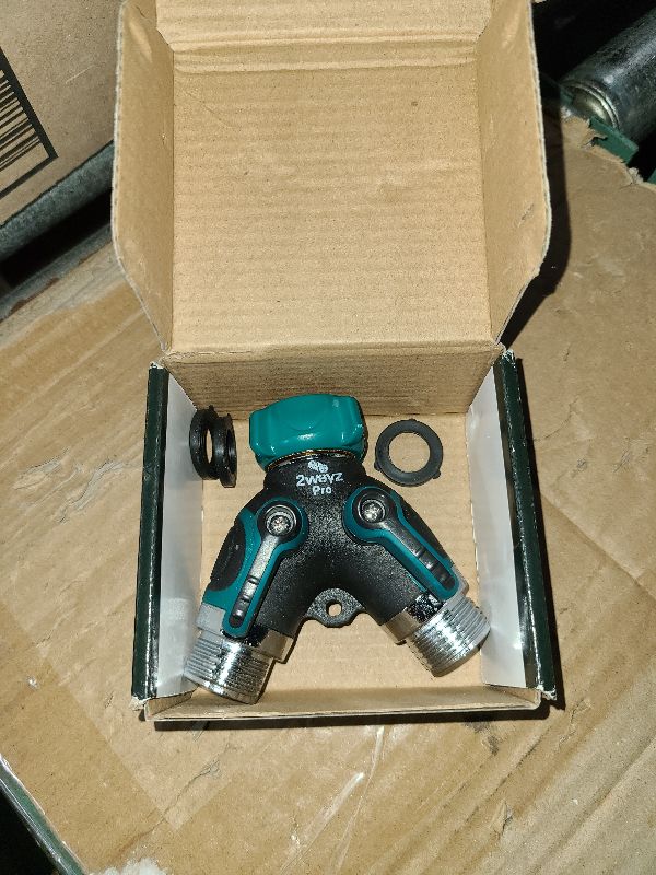 Photo 1 of 2WAYZ Hose Splitter 2 Way Heavy Duty Outdoor Faucet and Garden Connector - Water Spigot Splitter - Durable All-Metal Y Adapter with Shut-Off Valve - 4 x 4 x 1.5 Inches