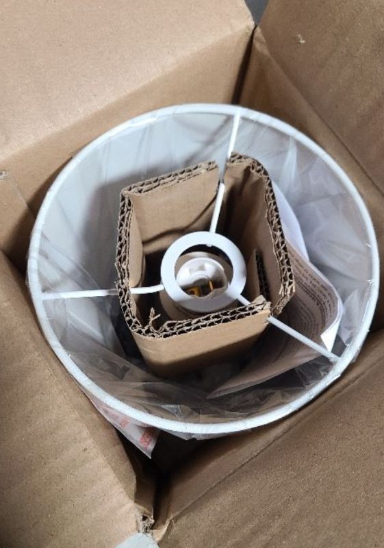 Photo 1 of **MSRP 12.99** Simple Designs LT2080-BLK Mini Bocksbeutal Concrete Table Desk Lamp with Tapered Drum Fabric White Shade, Black (Pack of 1)