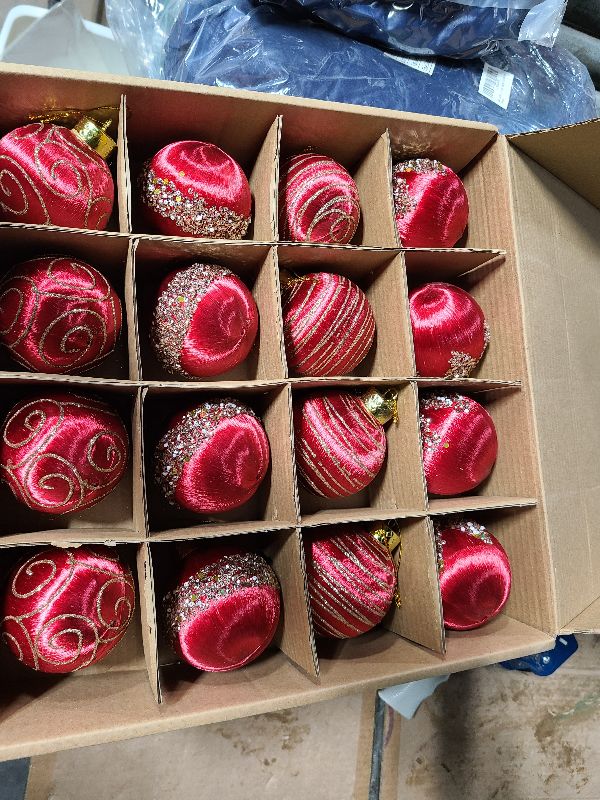 Photo 1 of 16 PCS Velvet Christmas Ball Ornaments Set 2.4 Inches Flocked Hanging Balls for Xmas Tree 4 Styles Plastic Decorative Baubles for Holiday Party Wedding Decor Supplies (Red)