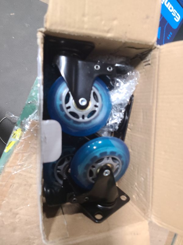 Photo 1 of 3 in Plate Caster Wheels - Heavy Duty with Brake 1200LBS,Industrial Casters Set of 4,Locking,360 °Swivel,No Noise Polyurethane Castors,Non Marking Blue Castor Wheels for Furniture,Carts,Cabinet,Table