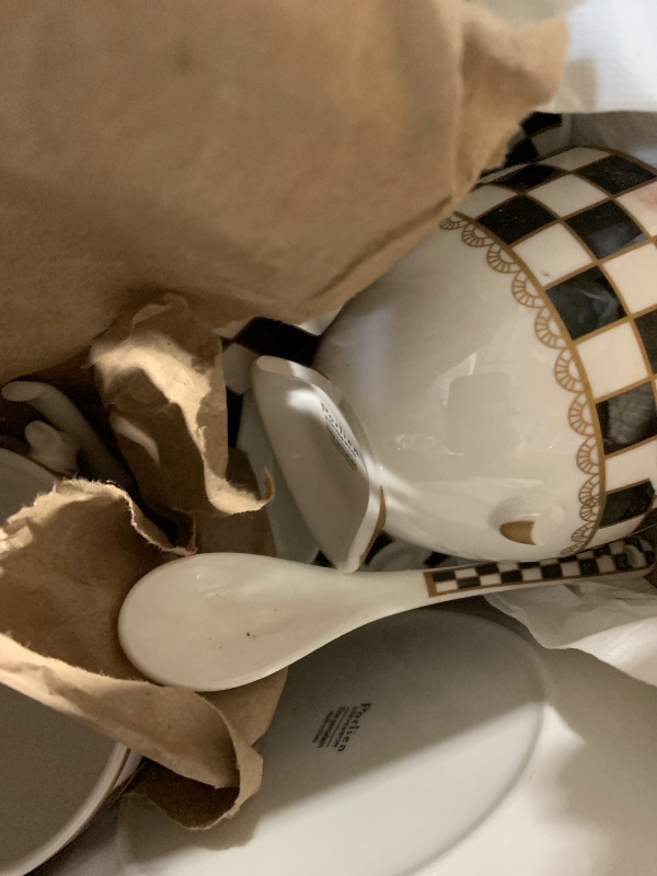 Photo 1 of *****Some items inside are broken, and others are in good condition.******** 6-ounce Porcelain Checker Teacups and Saucers Set of 6 with Spoons, Coffee Cups Set