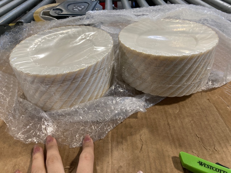Photo 1 of ****FABRIC SEALED****YOUBET 100 Pack Ivory Scalloped Plastic Plates - 6.5 Inch Gold Disposable Plates with Gold Rim - High End Elegant Vintage Dessert Salad Plate for Birthday Parties & Wedding Thanksgiving