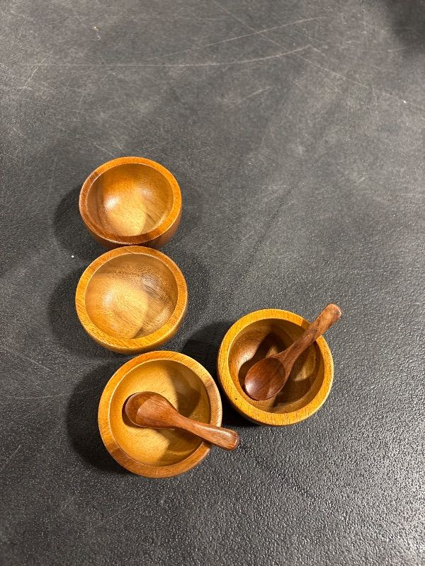Photo 1 of **MISSING 2 SPOONS**
BestySuperStore Set of 4 Small Round Acacia Wooden Bowls 2¾ Inch Diameter 1½" High With Spoons - Stackable Mixing Bowl Salad Soup Snack Dip Sauce Charcuterie Wood Tableware Sets for Decor and Serving
