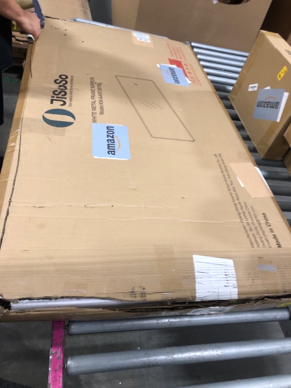 Photo 1 of ** some glue on frame coming off** JISOSO White Bathroom Mirror 55x30 Inch, White Metal Framed Bathroom Mirror for Wall, Rounded Rectangle Matte Bathroom Vanity Mirror, Tempered Glass, Anti-Rust, Horizontal/Vertical