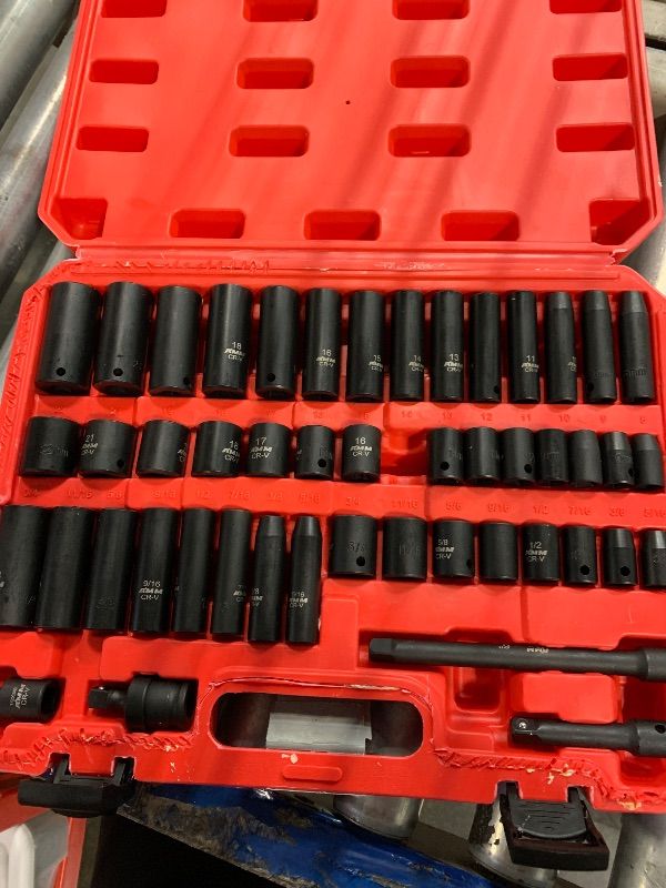 Photo 1 of ****MISSING ONE PCS*** AMM 3/8" Drive Impact Socket Set, 48-Piece Standard SAE (5/16 to 3/4 inch) and Metric (8-22mm) Size, 3" and 6" Drive Extension Bar, Impact Universal Joint, 3/8" to 1/2" Impact Adaptor, CR-V