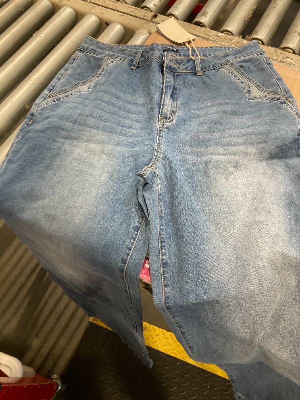 Photo 1 of ***ITEM CORRECT *****Flamingals Wide Leg Jeans for Women Mid Waist Baggy Stitch Decor Denim Washed Pants Without Belt Mid Blue 3XL