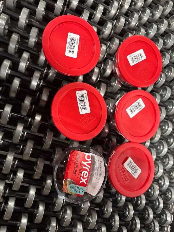 Photo 1 of **MISSING LID TO ONE**
Pyrex (6) 7200 2 Cup Glass Bowls & (6) 7200-PC Red Food Storage Replacement Lids - Made in USA
